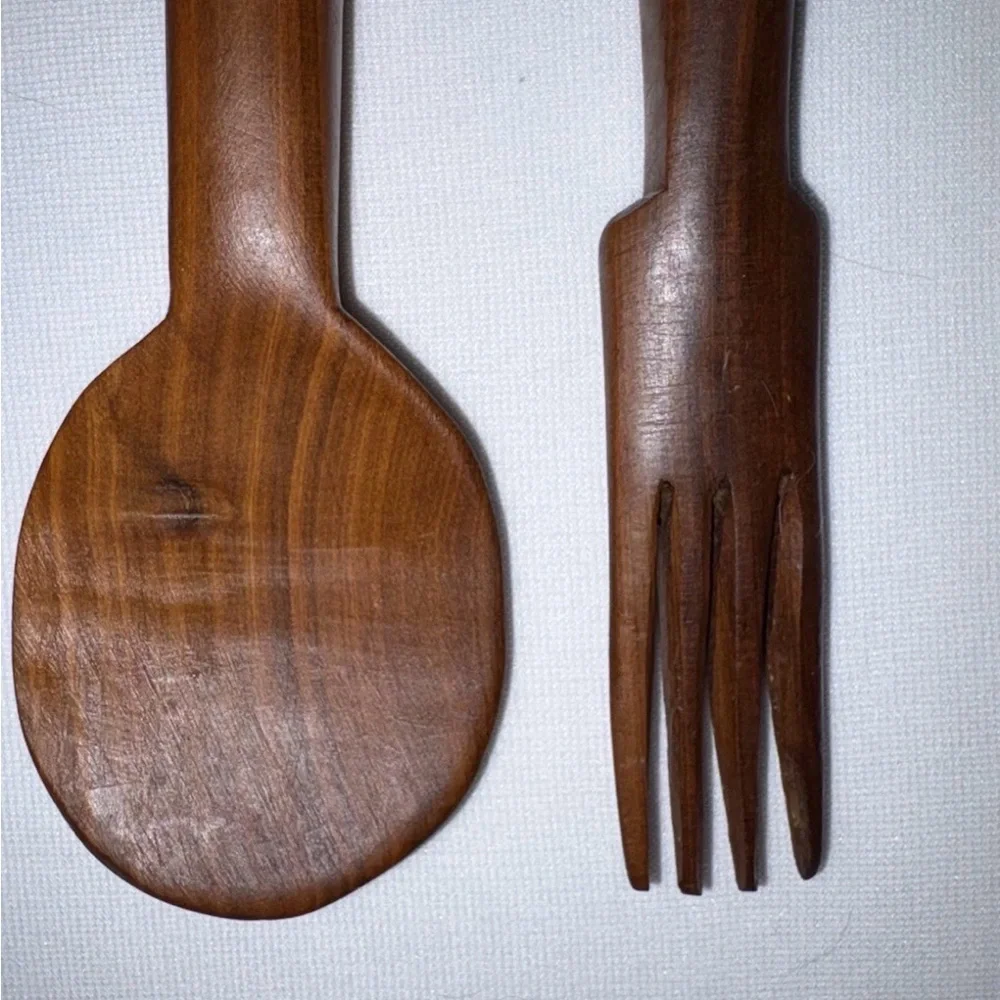Vintage Handcrafted Wooden Fork & Spoon Serving Utensils From Kenya